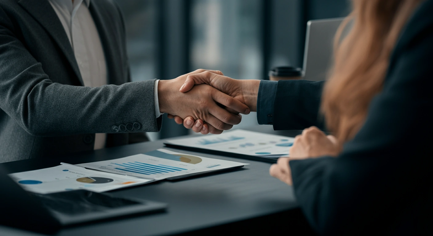 Dos personas estrechando manos en reunión de negocios.