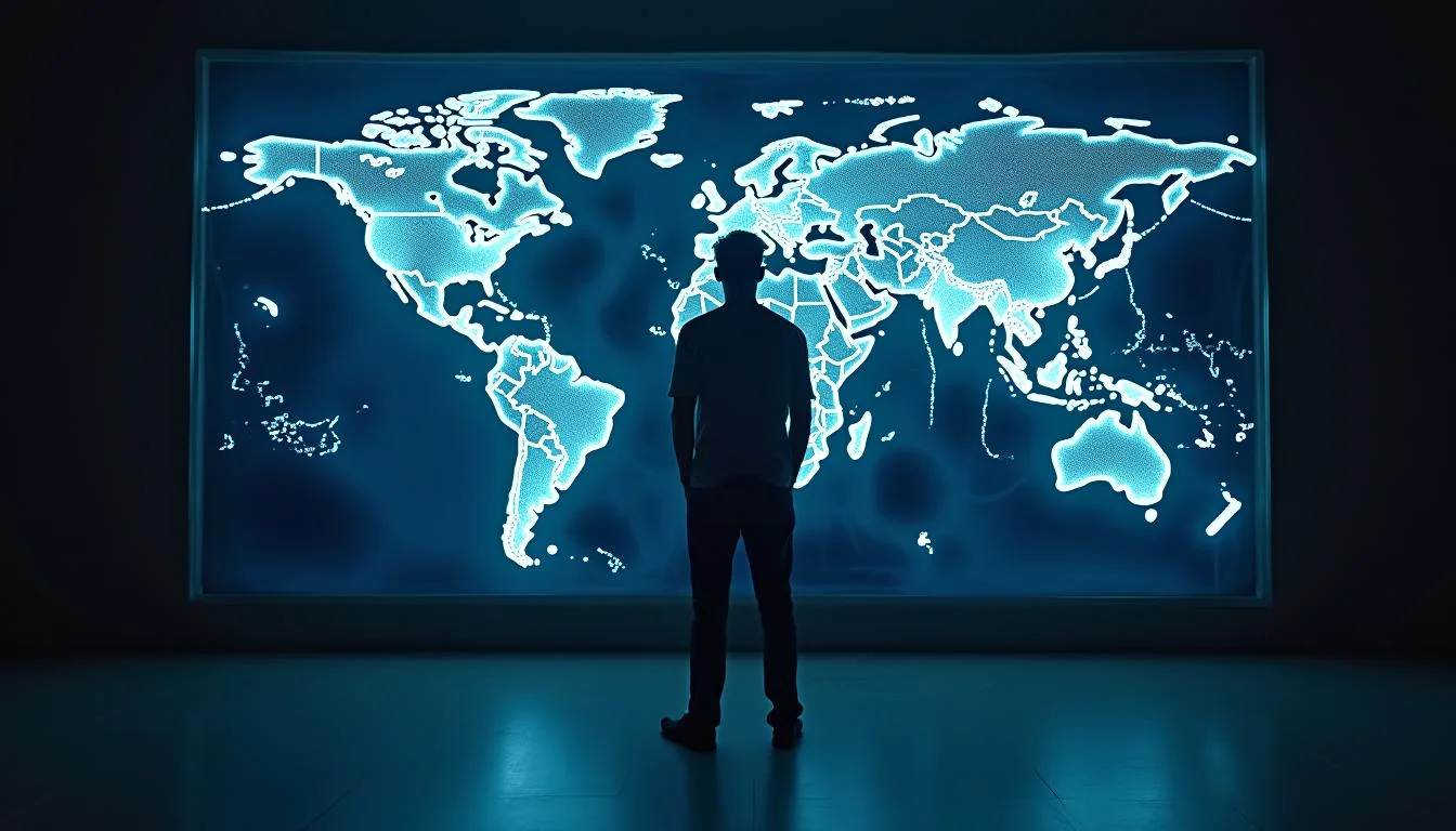 Persona frente a mapa mundial iluminado.