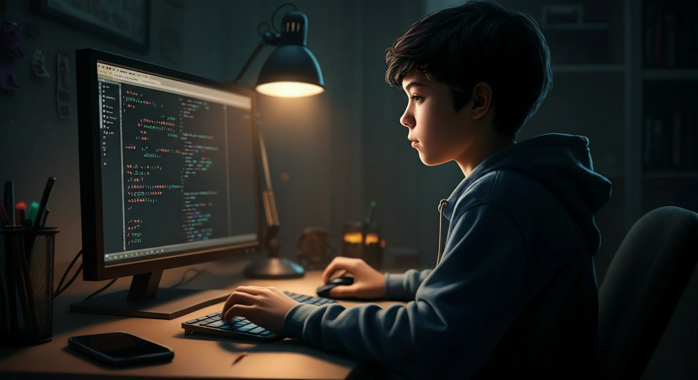 Niño programando en ordenador de escritorio