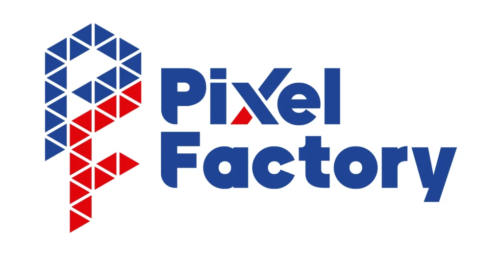 Logotipo de Pixel Factory en azul y rojo.